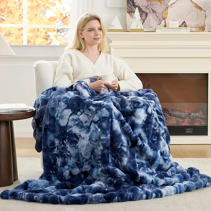 Cozy Bliss Deluxe Striped Rabbit Faux Fur Throw Blanket, Soft Fluffy Warm Plush - Image 2