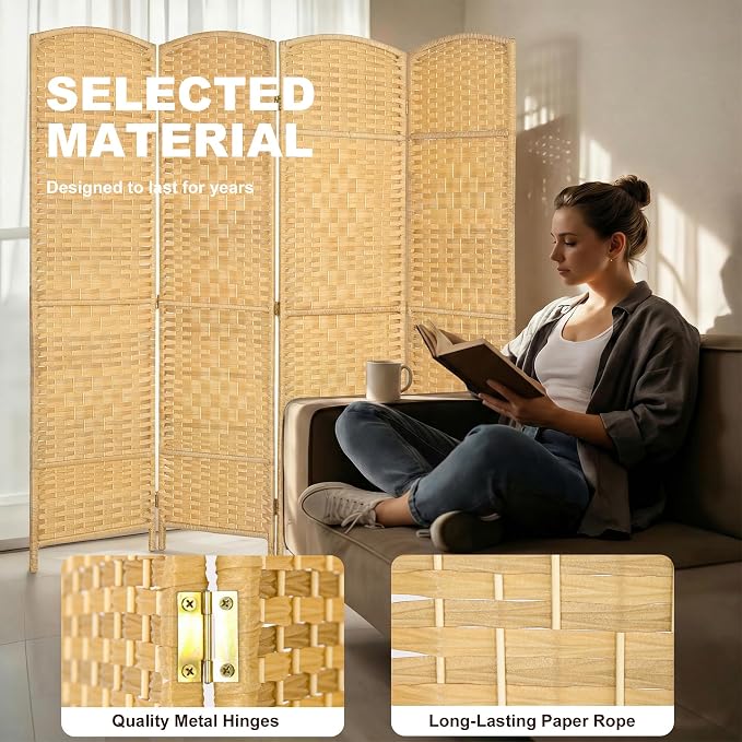 HOMCOM Room Divider, 6 Ft 4 Panel Folding Privacy Screen, Hand-Woven PP Wall - Image 5