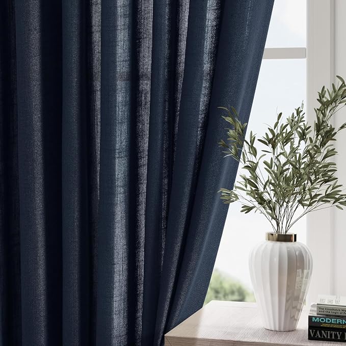 Navy Blue Linen Sheer Curtains 108 Inches Long Back Tab Rod Pocket 2 Panels - Image 2