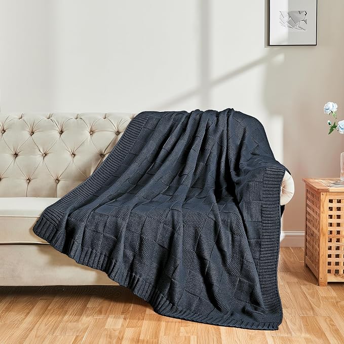 CozeCube Check Knit Throw Blanket, Midnight Navy Checkered Throw - Image 3