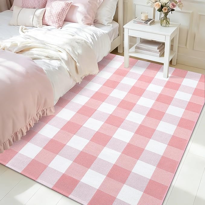 OLANLY Buffalo Plaid Rug 3' x 5' – Pink and White Cotton Checkered Doormat - Image 3
