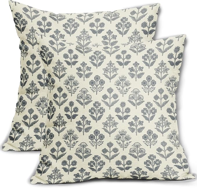 Dusty Blue Floral Pillow Covers 18x18 Inch Set of 2, Vintage Flower Block Print by Sivirary