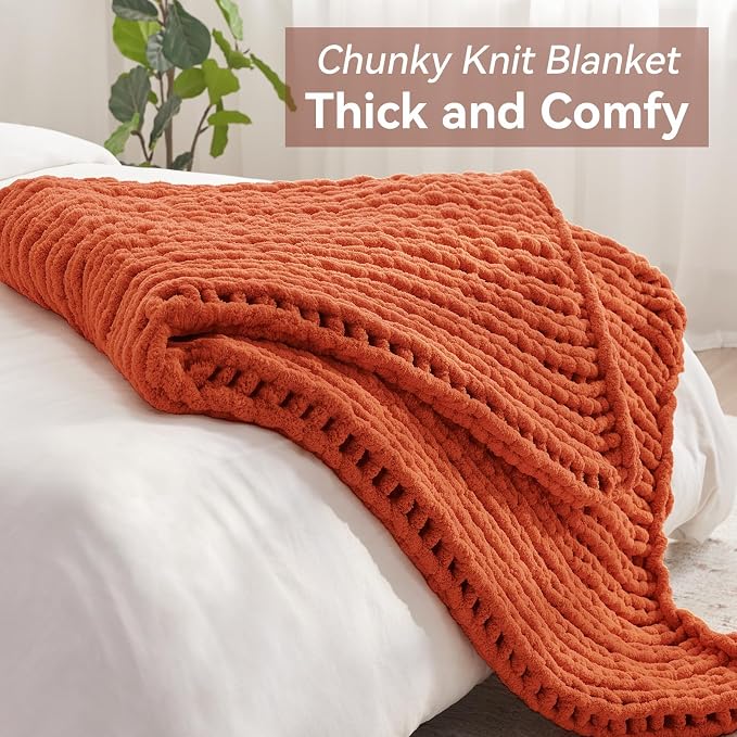 Negwoo Chunky Knit Throw Blanket, Handmade Orange Crochet Big Thick Blanket - Image 5