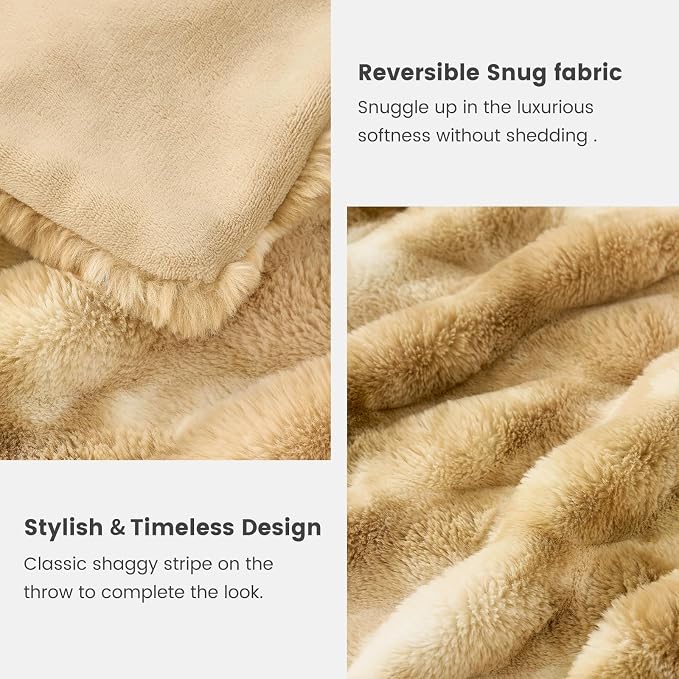 Cozy Bliss Deluxe Striped Rabbit Faux Fur Throw Blanket, Soft Fluffy Warm Plush - Image 7