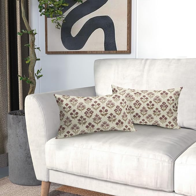 Brown Burgundy Floral Pillow Covers 12x20 Inch Set of 2, Block Print Lumbar - Image 6