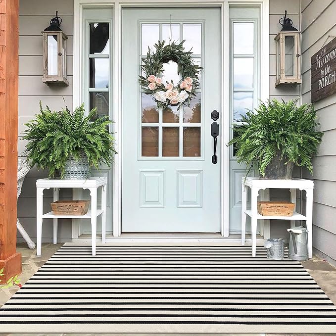 IOHOUZE Black Beige Striped Rug -4'x6' Front Door Rugs Outdoor, Washable Area by iOhouze