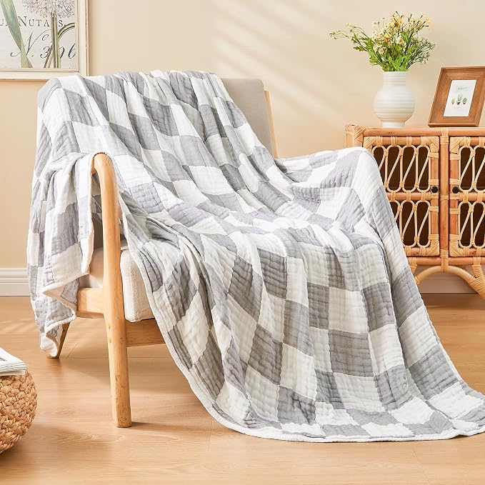 EMME Checkered Cotton Queen Size Bed Blanket, Lightweight Breathable Cooling - Image 6