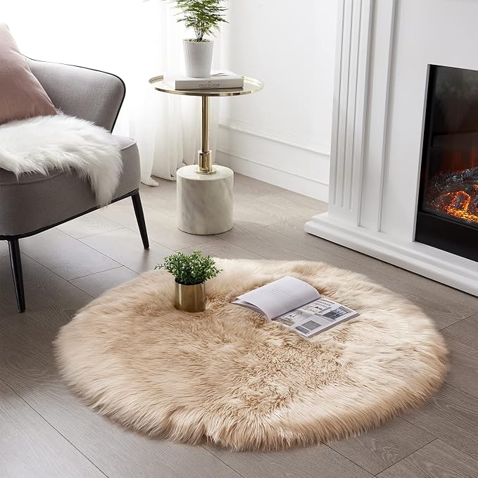 SERISSA Ultra Soft Round Faux Sheepskin Fur Area Rug Beige Circular Shaggy Rug by SERISSAHomeDecorCollection