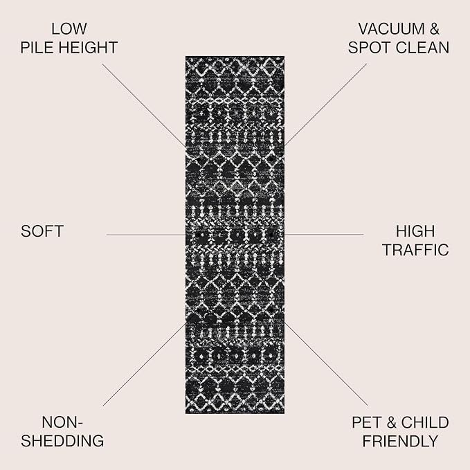 JONATHAN Y Boho Vintage Diamond Black/Ivory Runner Rug 2X20 ft, Moroccan Hype - Image 2