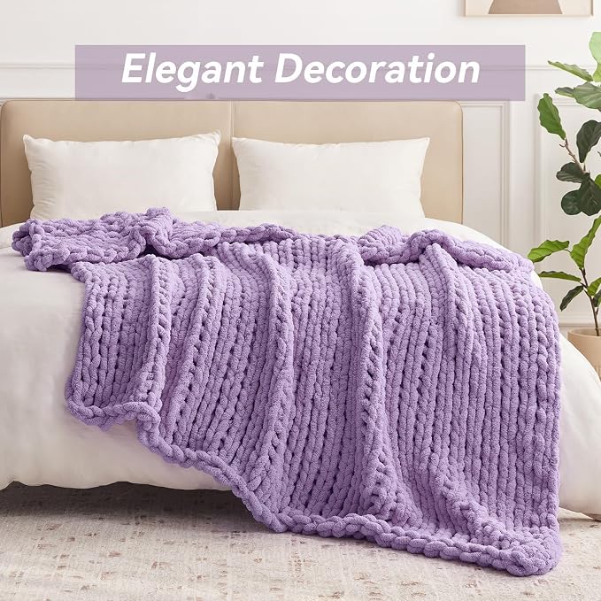 Negwoo Chunky Knit Throw Blanket, Handmade Light Purple Crochet Big Thick - Image 3