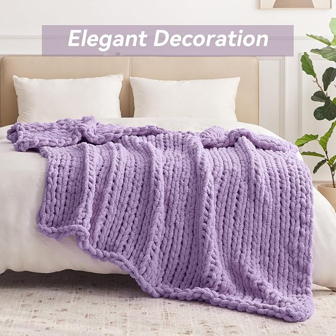 Negwoo Chunky Knit Throw Blanket, Handmade Light Purple Crochet Big Thick - Image 3