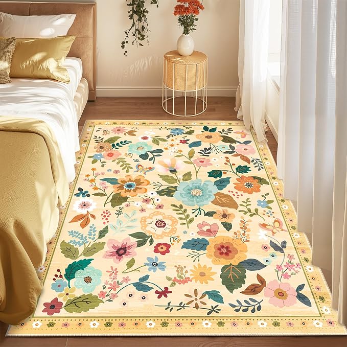 RELEANY Floral Nursery 3x5 Area Rugs Washable Print Boho Cute Carpet Non Slip by RELEANY