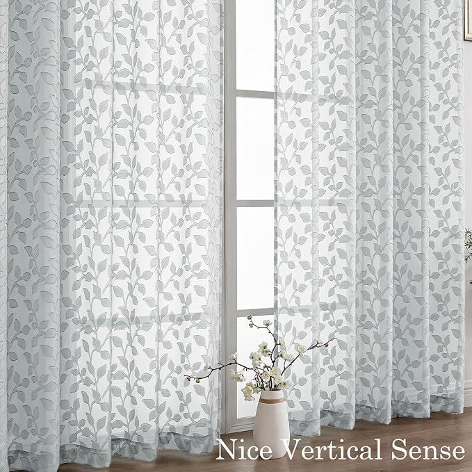 Chyhomenyc Light Grey Sheer Curtains 30 Inch Length, Light Filtering Leaf - Image 9