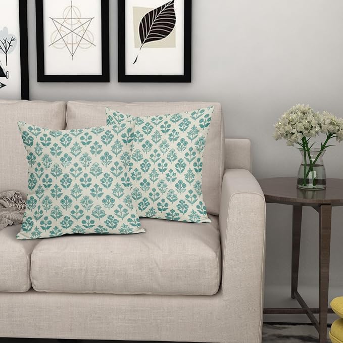 Teal Floral Pillow Covers 24x24 Inch Set of 2, Vintage Flower Block Print - Image 7
