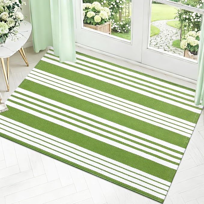 OLANLY Green and White Classic Striped Rug 2'4" x 3'7" – Washable Cotton Indoor - Image 3