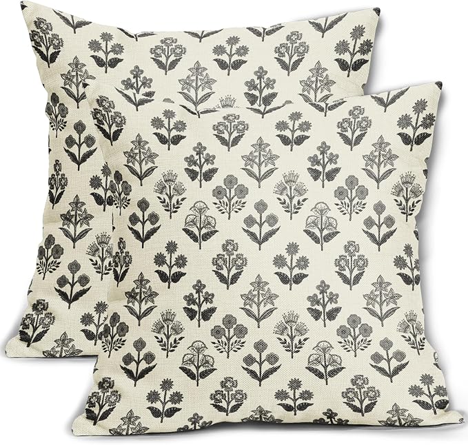 Black Grey Gray Block Print Pillow Covers 20x20 Inch Set of 2, Vintage Floral by Sivirary
