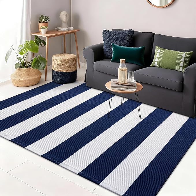 OLANLY Navy and White Striped Rug 3' x 5' – Washable Cotton Indoor Outdoor by OLANLY