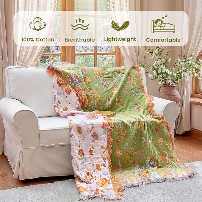 MSGKV Boho Throw Blanket 50"x60" Floral 100% Cotton Blanket - Image 2