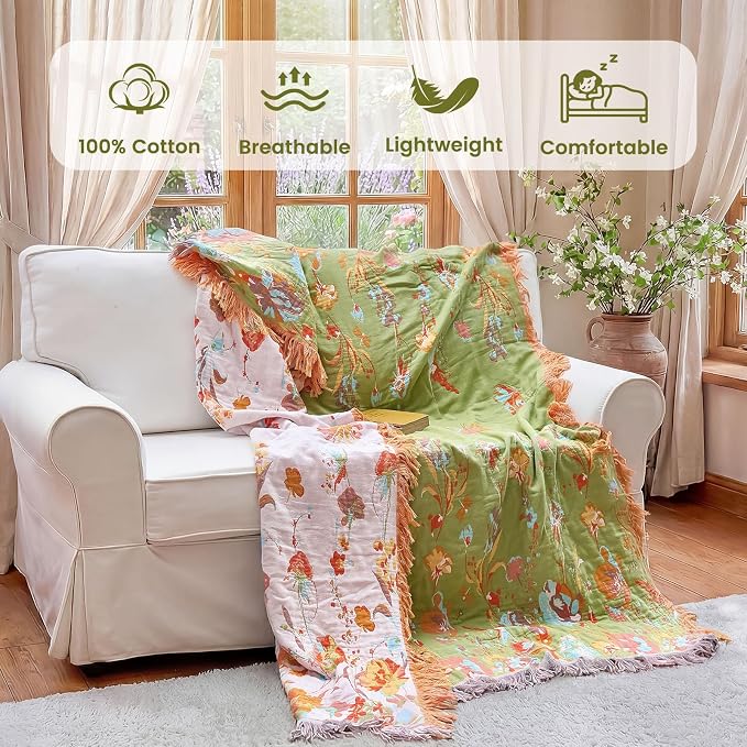 MSGKV Boho Throw Blanket 60"x80" Floral 100% Cotton Blanket - Image 2