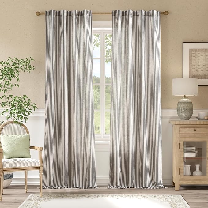 jinchan Linen Curtains Charcoal Grey on Beige Striped Curtains by JINCHAN