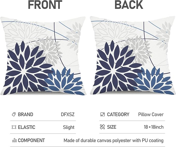 Blue Flower Pillow Covers 18x18 Inch Set of 2 Dark and Light Blue Colored - Image 7