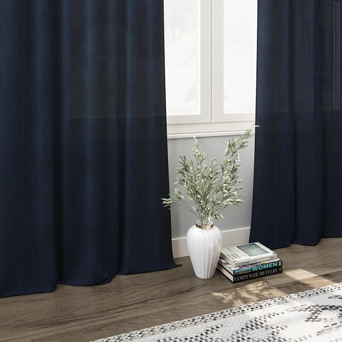 Nanspring Navy Blue Linen Curtains 63 Inches Length 2 Panels Set - Image 6