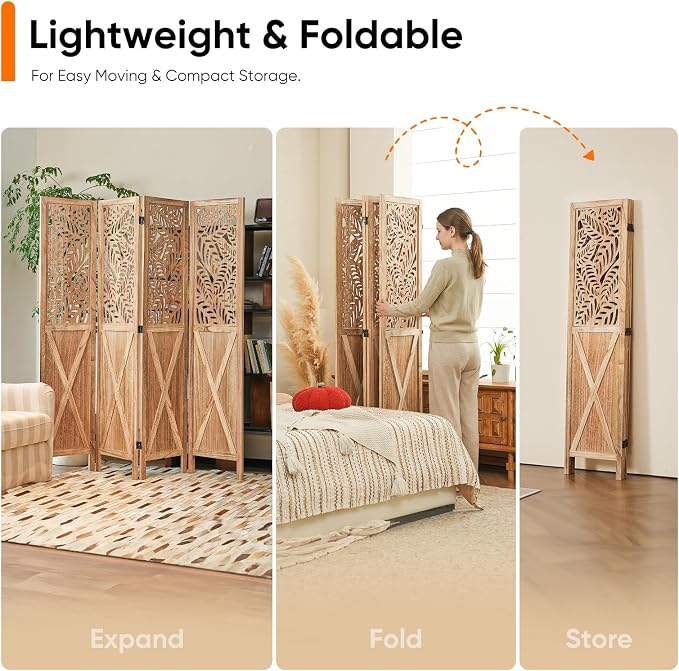 Boho Room Divider with Leaves Carving, 4-Panel Openwork Wood Screen, Decorative - Image 7