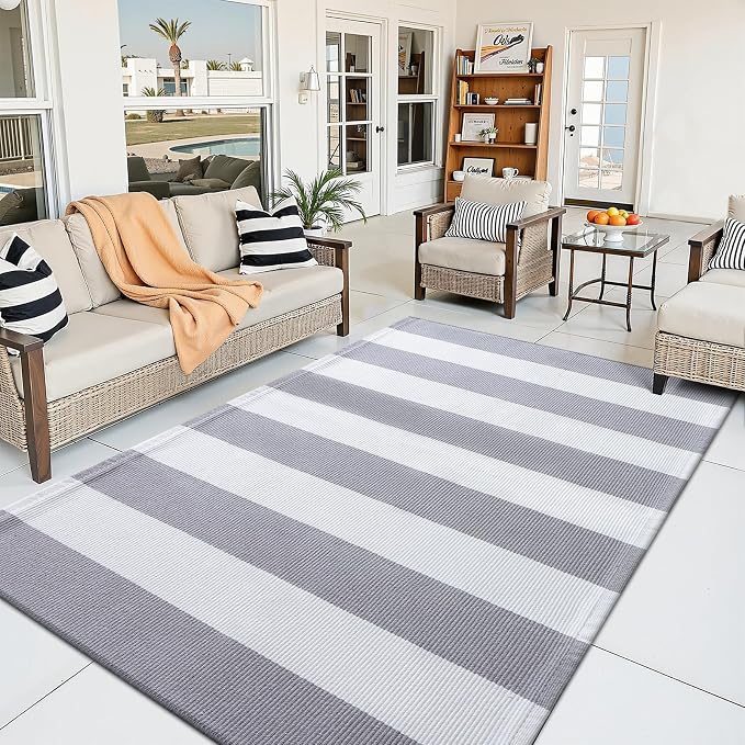 OLANLY Grey and White Striped Rug 3' x 5' – Washable Cotton Indoor Outdoor - Image 4