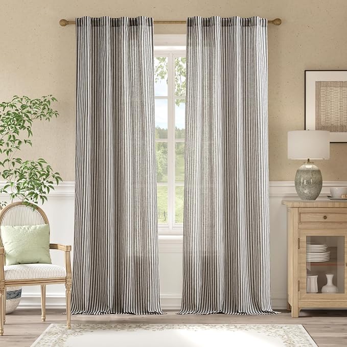 jinchan Linen Curtains Black on Beige Striped Curtains by JINCHAN