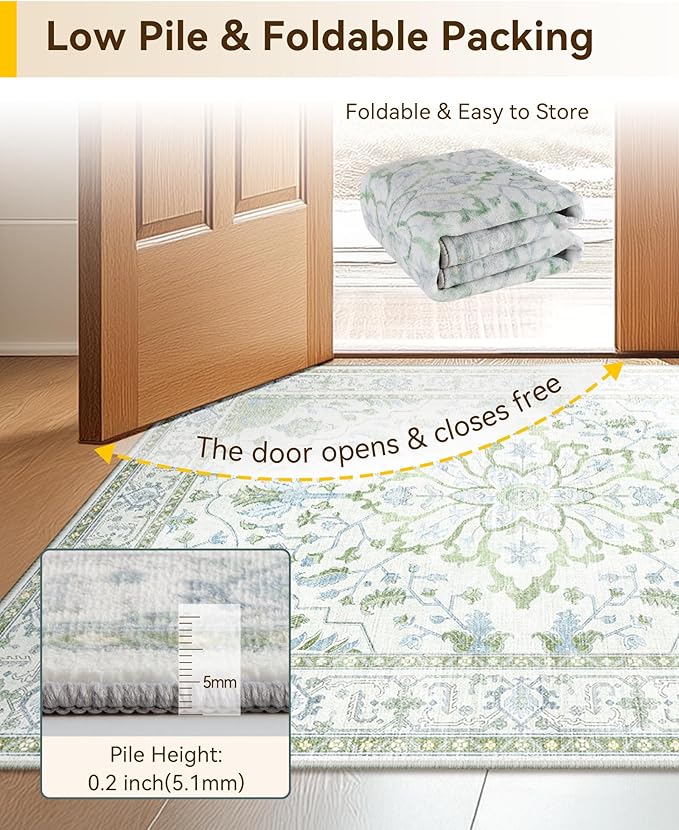 Area Rugs Round 4ft Washable Non-Slip, Floral Vintage Distress Print Pattern - Image 4