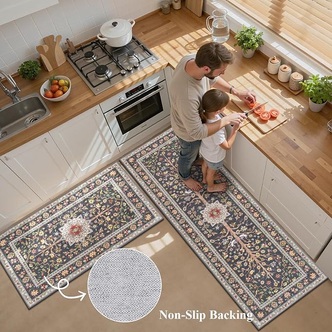 HEBE Boho Kitchen Rugs Sets of 3 Non Slip Washable Farmhouse Kitchen Rugs and - Image 4