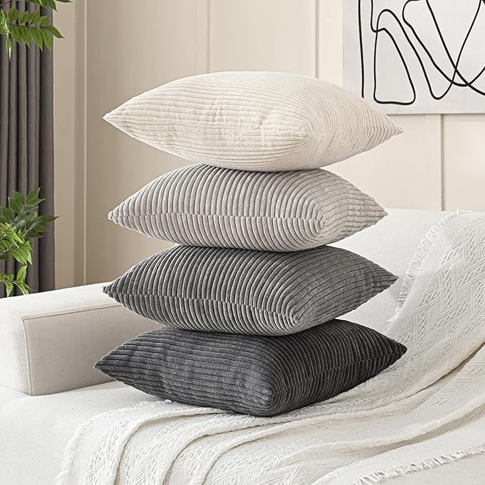 Volcanics Set of 4 Neutral Grey Corduroy Decorative Couch Throw Pillow Covers - Image 2