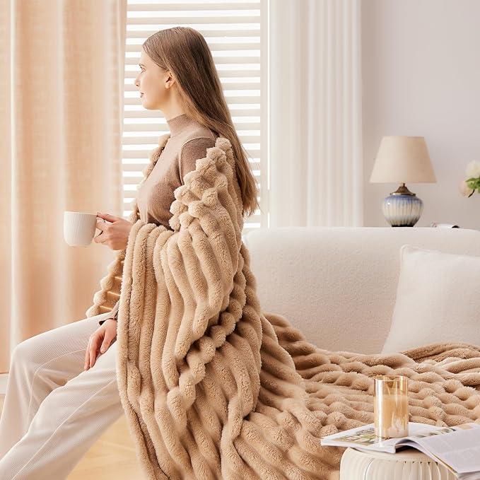 NEWCOSPLAY Super Soft Twin Blanket Brown Premium Silky Flannel Fleece 3D Ribbed - Image 5