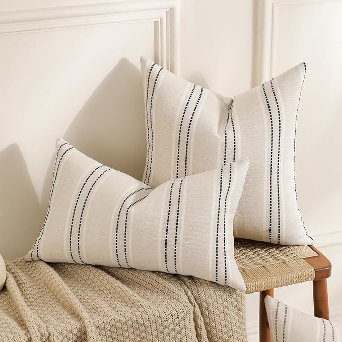 Hckot Throw Pillow Covers 22x22 Set of 2 Striped Pillow Covers Textured Linen - Image 4