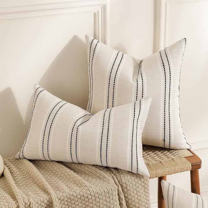 Hckot Throw Pillow Covers 24x24 Set of 2 Striped Pillow Covers Textured Linen - Image 4