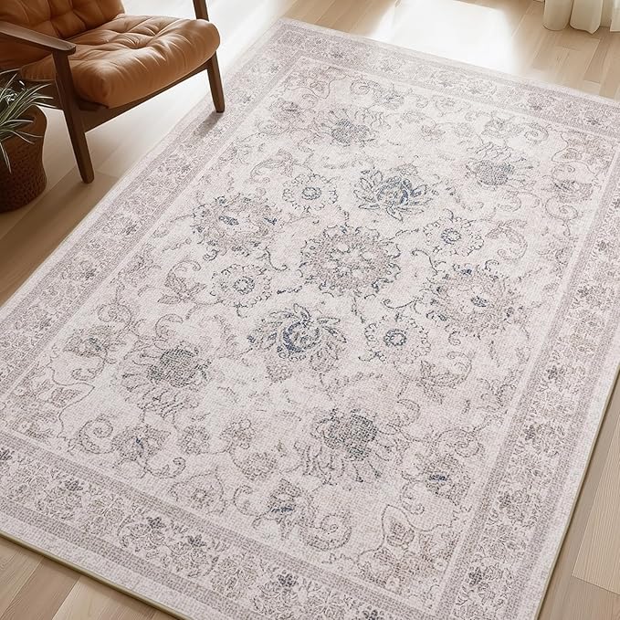 Phantoscope Washable Area Rug 5'x7' Non-Slip, Vintage Neutral Rugs by Phantoscope