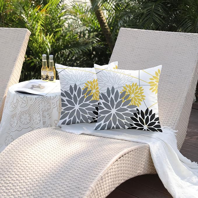 Grey and Yellow black Floral Pillow Covers 16x16 Set of 2 Outdoor Waterproof - Image 5