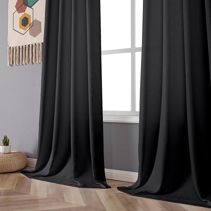 Chyhomenyc Black Curtains 96 Inch Length 2 Panels, Faux Linen Textured Semi - Image 9