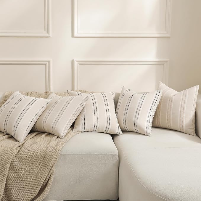 Hckot Hand Made Throw Pillow Covers 22x22 Set of 2 Striped Pillow Covers Linen - Image 7