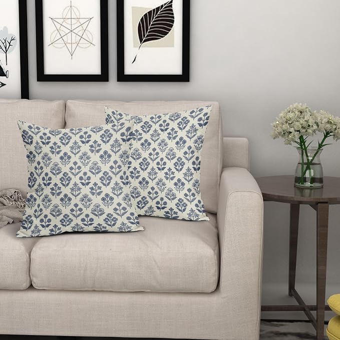 Dark Blue Floral Block Print Pillow Covers 16x16 Inch Set of 2, Vintage Flower - Image 7