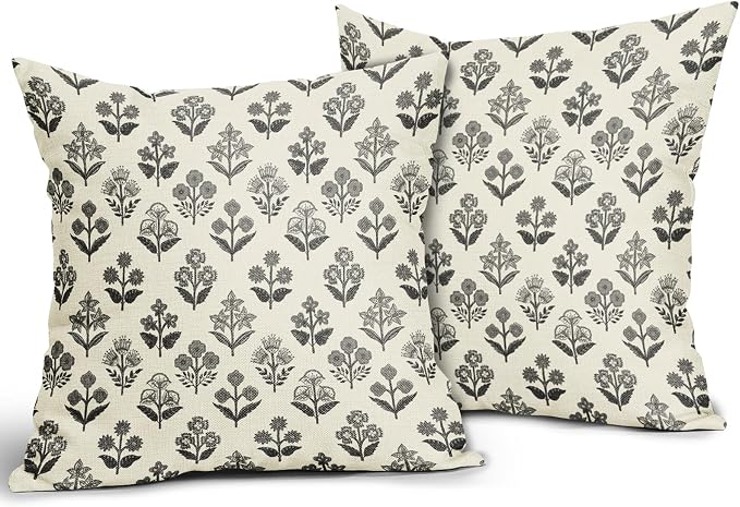 Black Grey Gray Block Print Pillow Covers 20x20 Inch Set of 2, Vintage Floral - Image 2