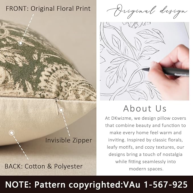 Vintage Floral Print Throw Pillow Covers 24x24 Set of 2 Neutral Modern - Image 3