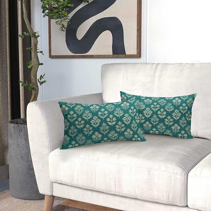 Teal Pillow Covers 12x20 Inch Set of 2, Cream Floral Block Print Pattern Lumbar - Image 6