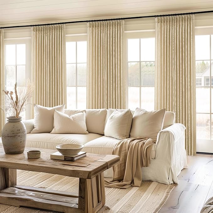 Topfinel Natural Beige Pinch Pleated Semi Sheer Curtains Textured Linen Blended - Image 7