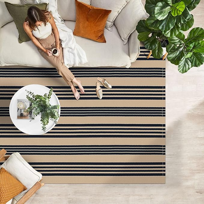 IOHOUZE Black and Tan Striped Rug 4'x6' Front Door Rugs Outdoor, Washable Area - Image 3