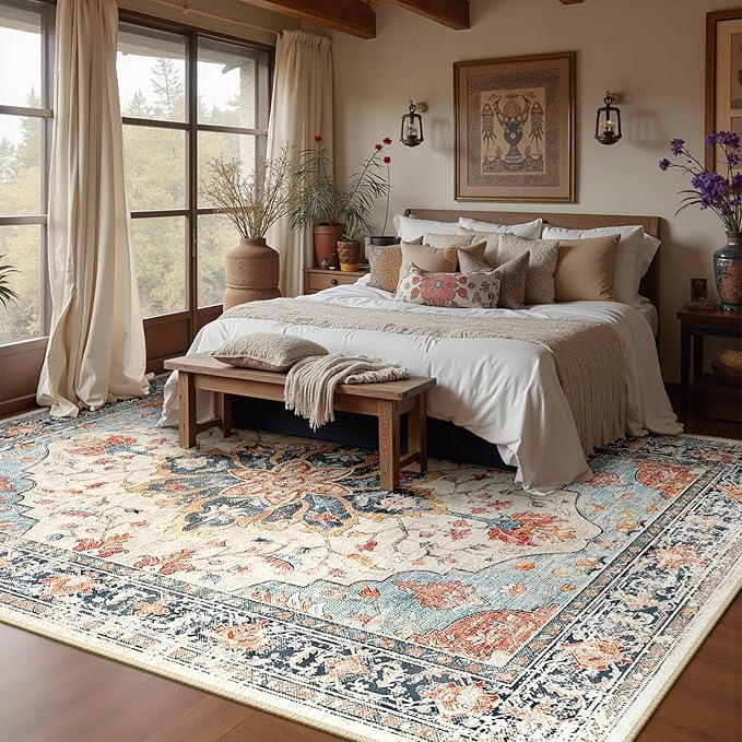 Area Rugs 10'x14' Washable Non-Slip, Floral Vintage Distress Print Pattern - Image 3