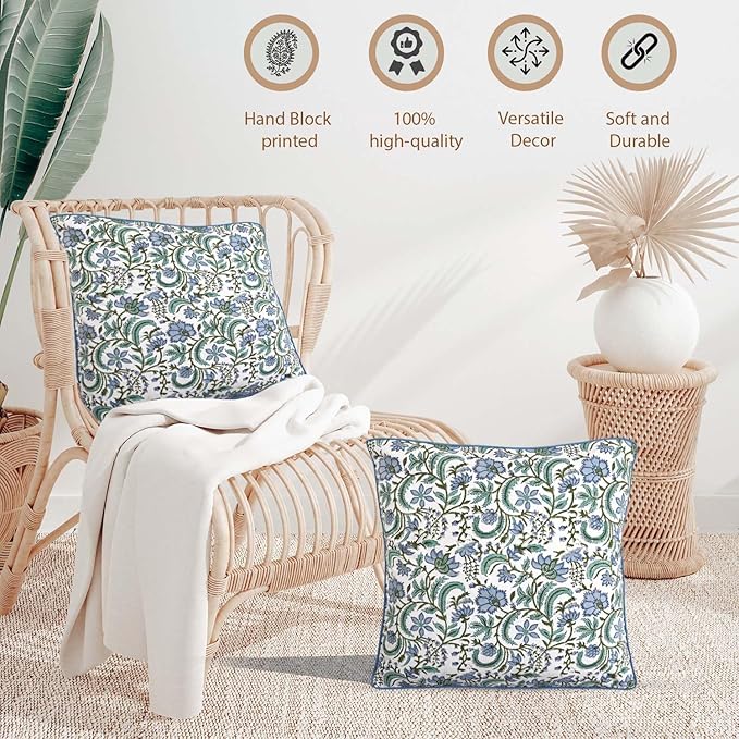 Ridhi Block Print Columbia Blue Pillow Cover 18" x 18" Decorative Couch Pillows - Image 4