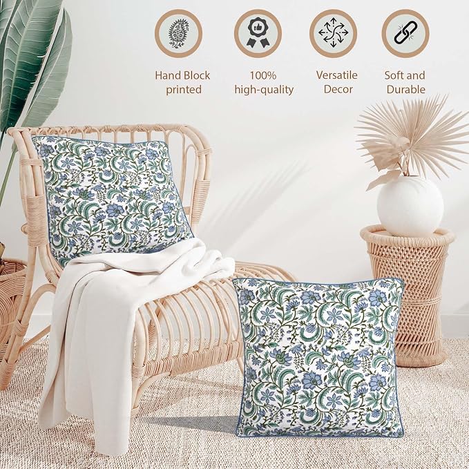 Ridhi Block Print Columbia Blue Pillow Cover 16" x 16" Decorative Couch Pillows - Image 3