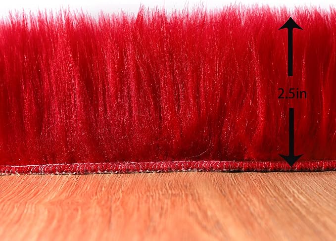 Faux Fur Rug 2 x 6 ft Red Shaggy Sheepskin Machine Washable Fuzzy Area Rug - Image 2