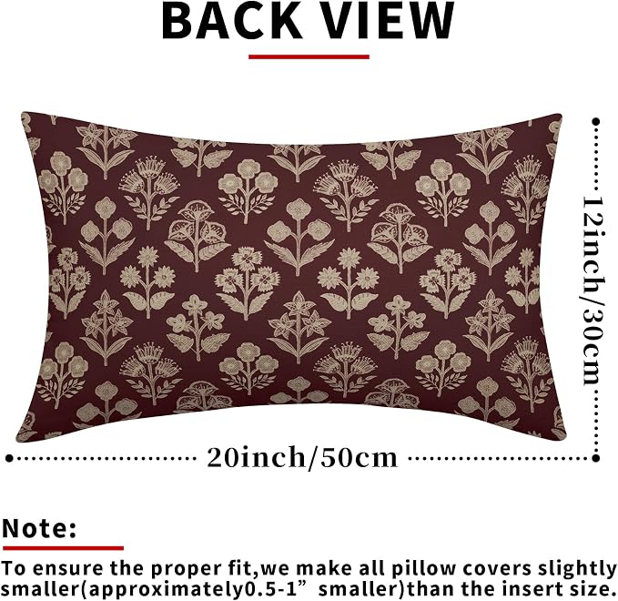 Burgundy Pillow Covers 12x20 Inch Set of 2, Cream Floral Block Print Pattern - Image 3